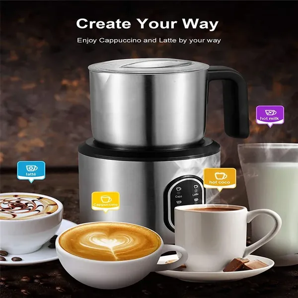 DEVISIB milk frother next to cups of cappuccino and latte