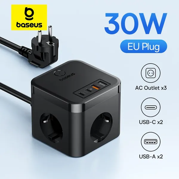 Baseus power cube with its outlets and USB ports