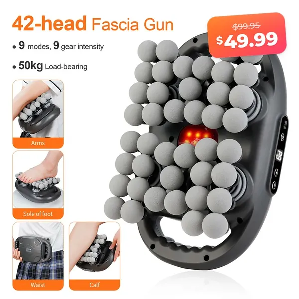 Fascia massage gun with multiple heads laid out